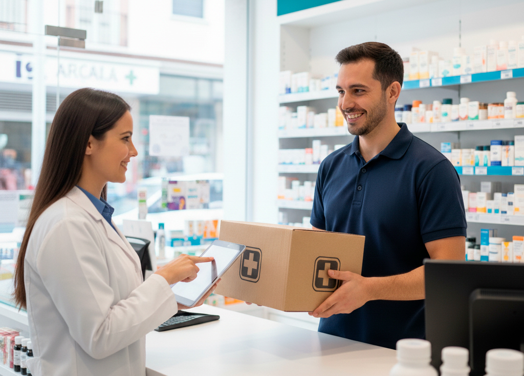 proveedor entregando mercancía en la farmacia